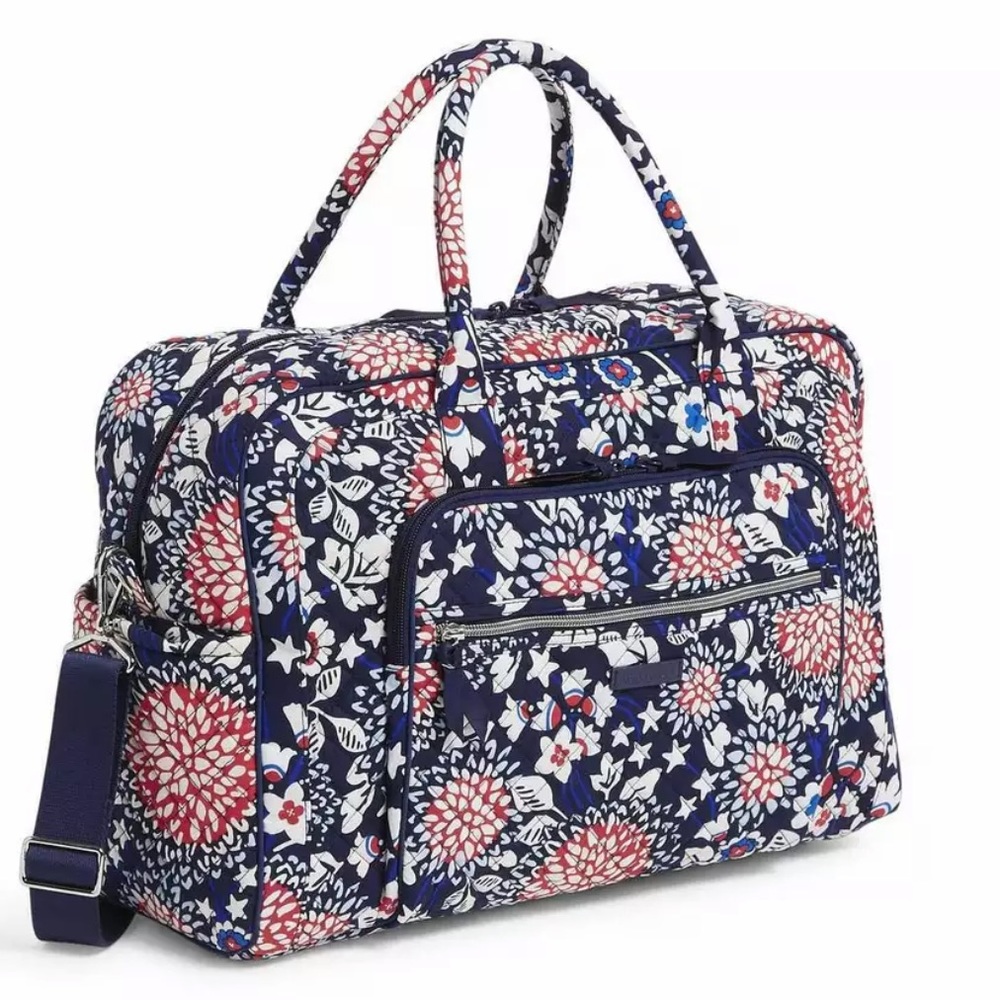 Vera Bradley Weekender Travel Bag Red White Blossoms Blue Carry On NEW - Picture 3 of 5